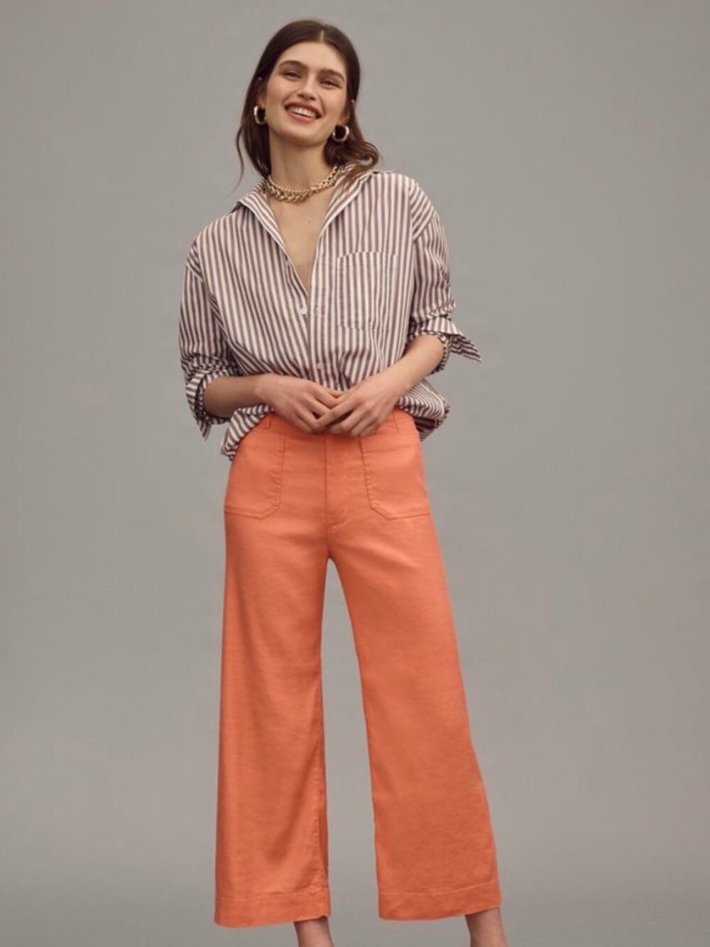 Maeve The Colette Linen Wide-Leg Pants 34 Warm Coral-Orange